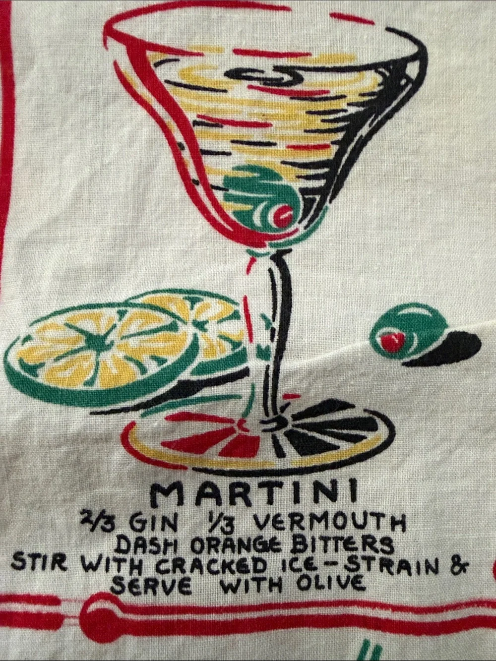 Cocktail Recipe Kitchen Towel - White with Red and Multicolor Print